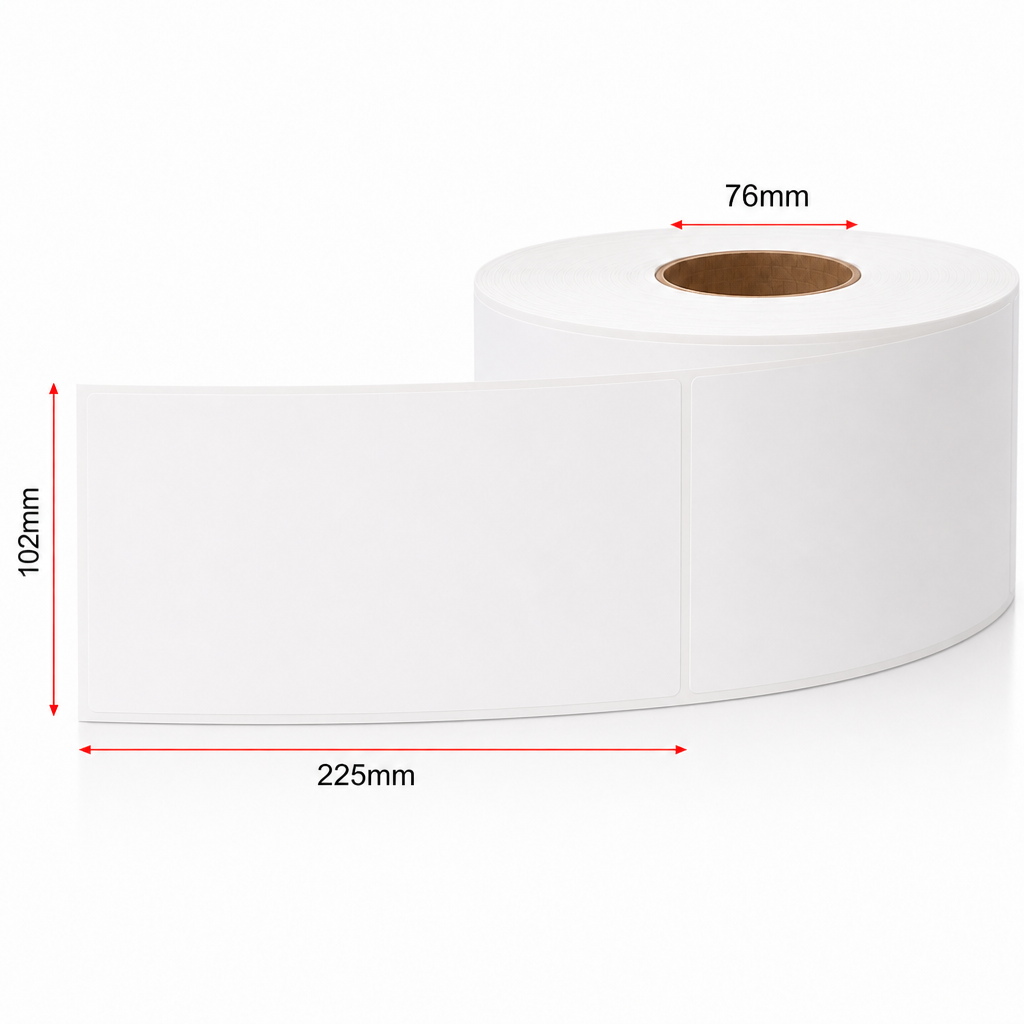 Thermal Direct Label Paper White Permanent 102mm x 225mm Perf. 700/roll 76mm core - Omni Packaging 