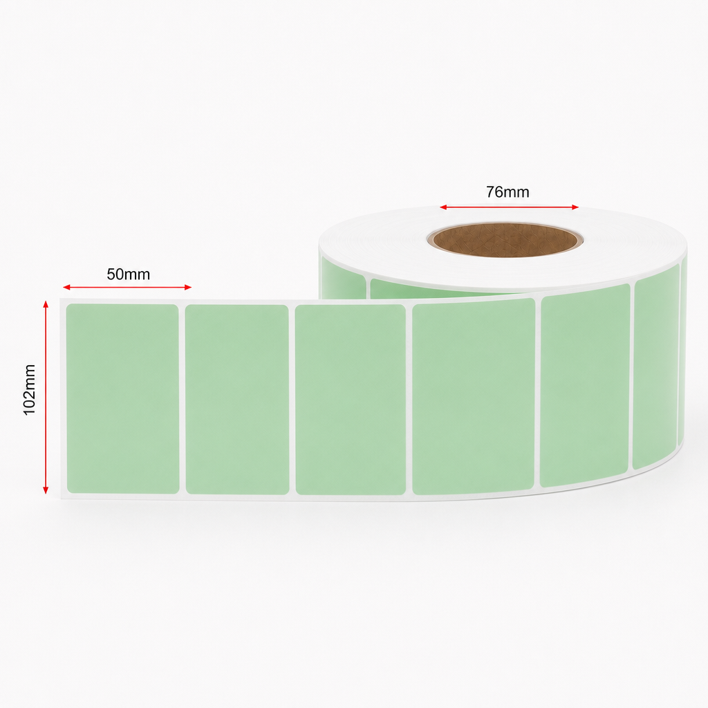 Thermal Direct Label Paper Green Permanent 102mm x 50mm Perf. 2740/roll 76mm core - Omni Packaging 