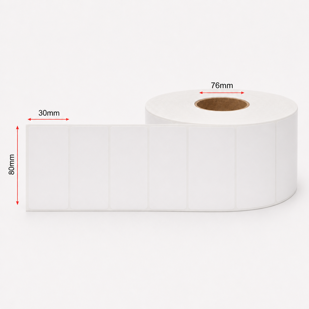 Direct Thermal Label White 80mm x 30mm 1500/roll 76mm core - Omni Packaging 