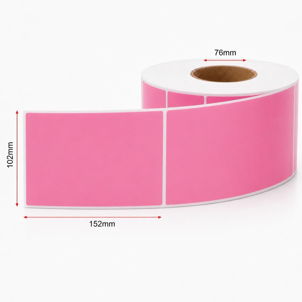 Thermal Direct Label Paper Pink Permanent 102mm x 152mm Perf. 1000/roll 76mm core - Omni Packaging 