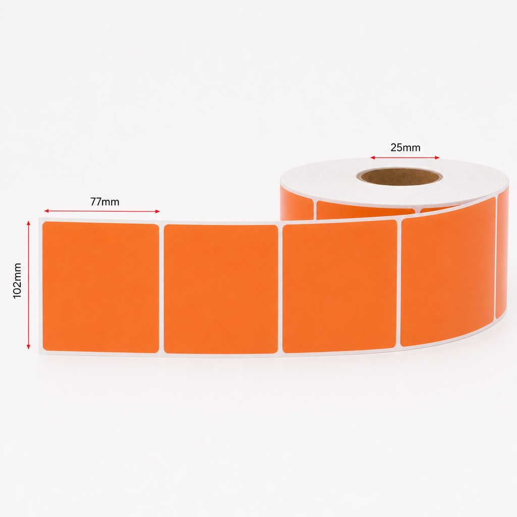 Thermal Direct Label Paper Orange Permanent 102mm x 77mm Perf. 500/roll 25mm core - Omni Packaging 