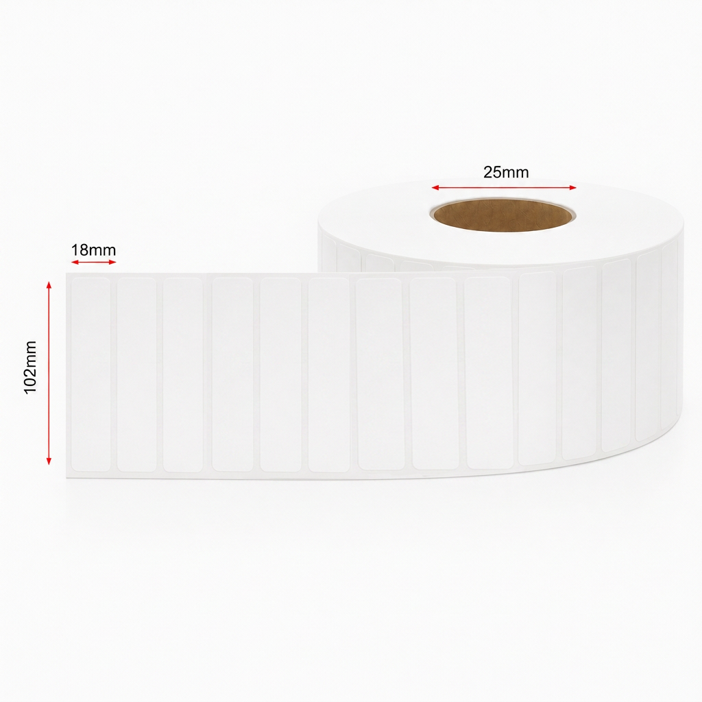 Thermal Direct Label Paper White Permanent 102mm x 18mm Non Perf. 1750/roll 25mm core - Omni Packaging 