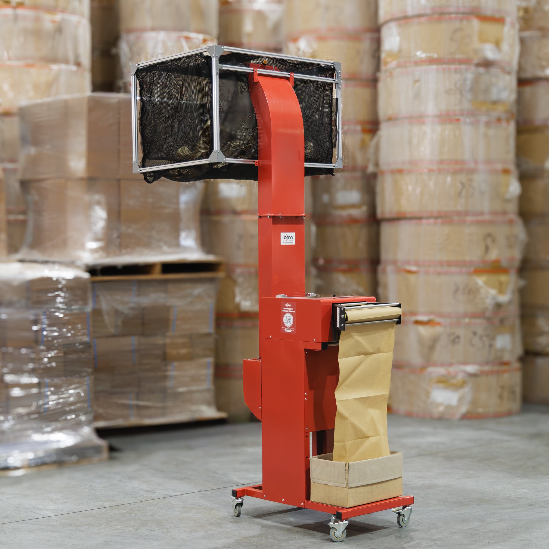 Omni PaperFil Paper Pad Cushion Machine - With hopper and Overhead Delivery - Omni Packaging 
