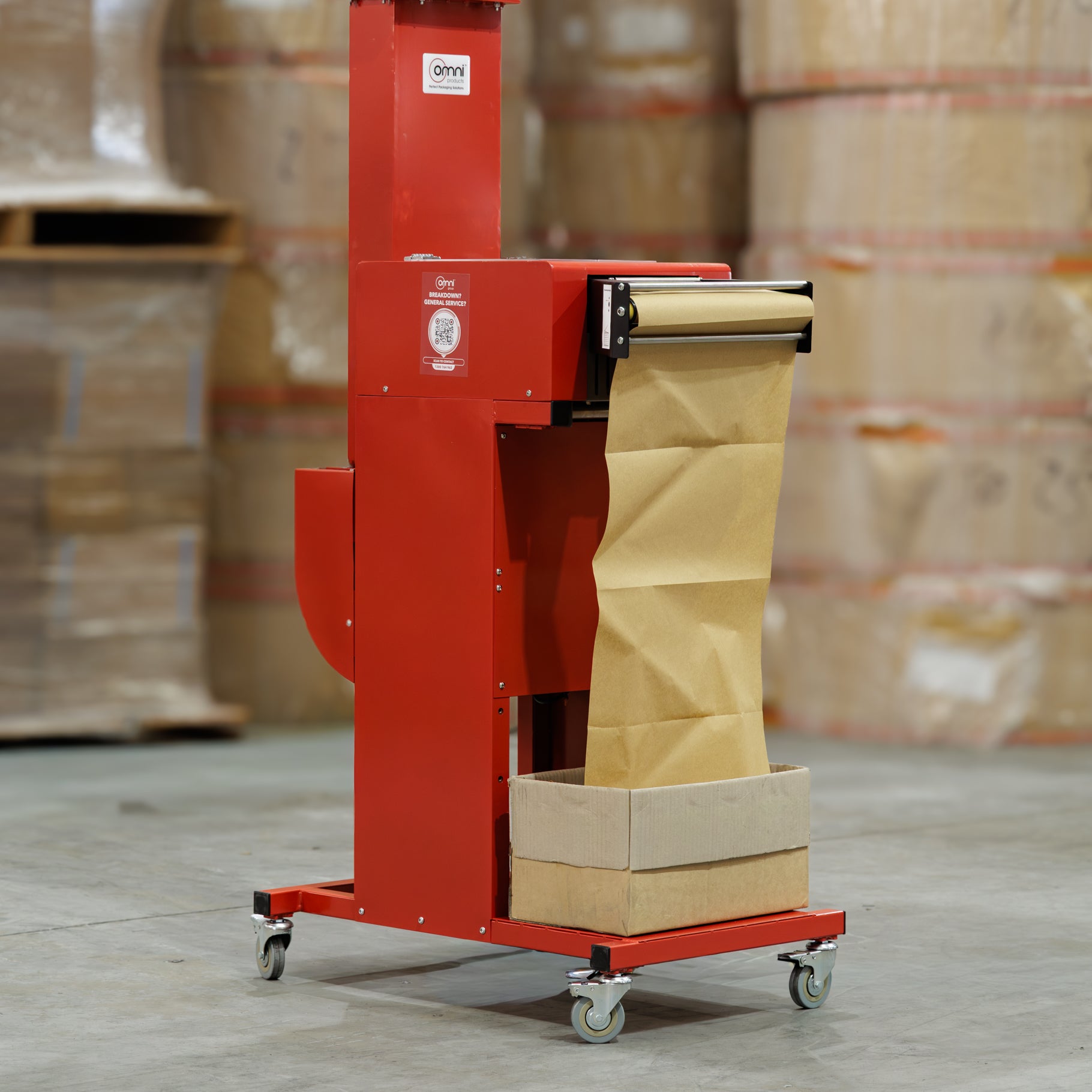 Omni PaperFil Paper Pad Cushion Machine - With hopper and Overhead Delivery - Omni Packaging 
