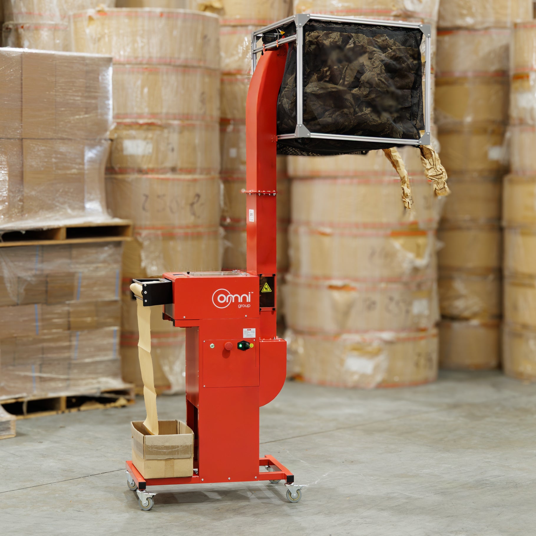 Omni PaperFil Paper Pad Cushion Machine - With hopper and Overhead Delivery - Omni Packaging 