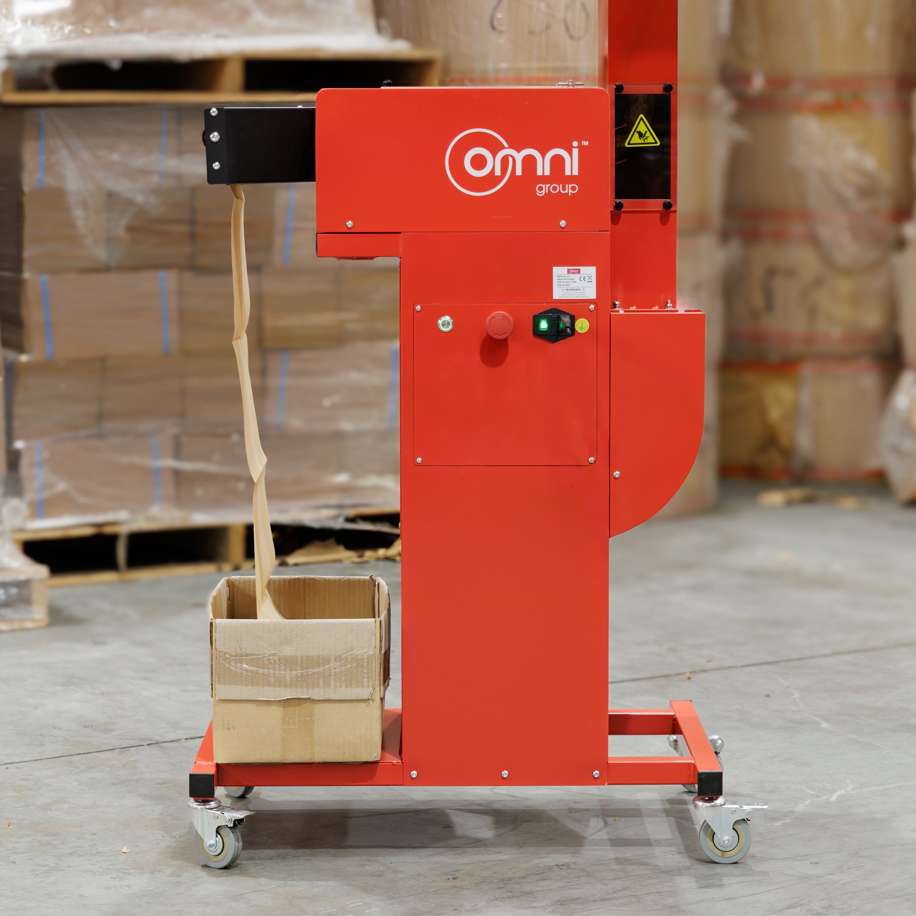Omni PaperFil Paper Pad Cushion Machine - With hopper and Overhead Delivery - Omni Packaging 